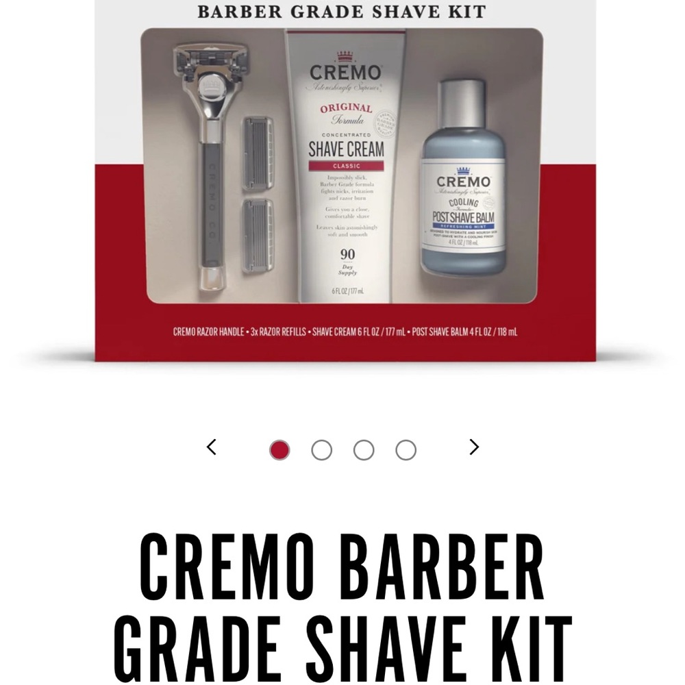Cremo Barber Grade Shave Kit — razor handle, 3 blade refills, cream & balm